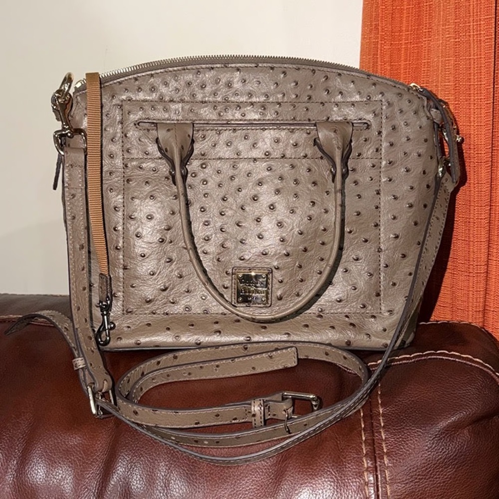 ‼️Dooney & Bourke Ostrich Domed Grey Leather Satchel Handbag Shoulder Bag - Picture 3 of 12